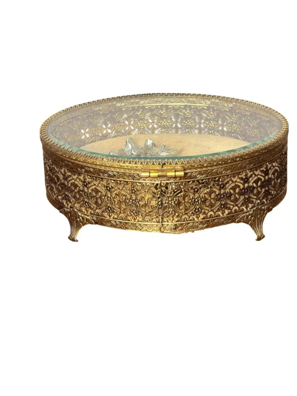 Vintage Hollywood Regency style brass filigree jewelry box with beveled glass to